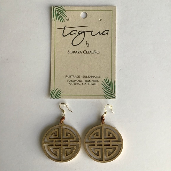 NEW Medallion Earrings Asian-Style Matte Gold Open Work Tagua Nut Lightweight - Picture 13 of 15